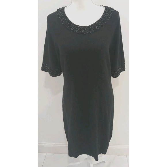 Bloomingdales Cashmere Dress Black Beaded Embellished Collar Cuff Size XL - Picture 1 of 7